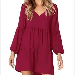 Burgundy V Neck Tiered Babydoll Dress Long Balloon Sleeve Casual‎ XL